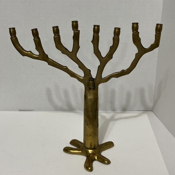 Vintage Solid Brass MCM Brutalist Style Tree Of Life Menora Judaica 10” Patina - Picture 7 of 12
